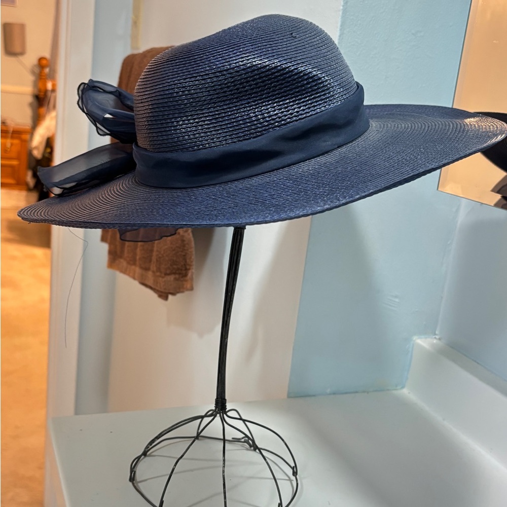 Arlin Vintage Navy Polypropylene Straw Wide Brim Hat Organdy Bow Kentucky Derby